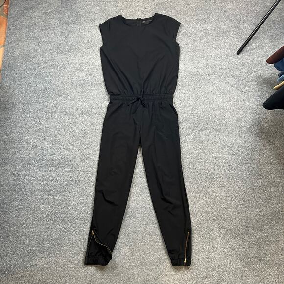 Albion Jumpsuit Women Small Black Ankle Zip Cap Sleeve Smocked Tie Waist BackZip - Picture 2 of 13